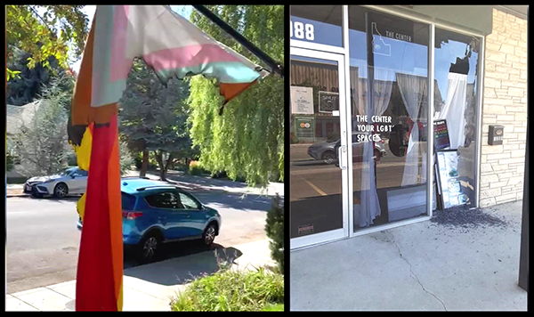 A compilation of two photos. On the left, the remnants of a pride flag that was set on fire hangs outside of a home in Boise. On the right, a community center that serves LGBT people is shown with the front window smashed.