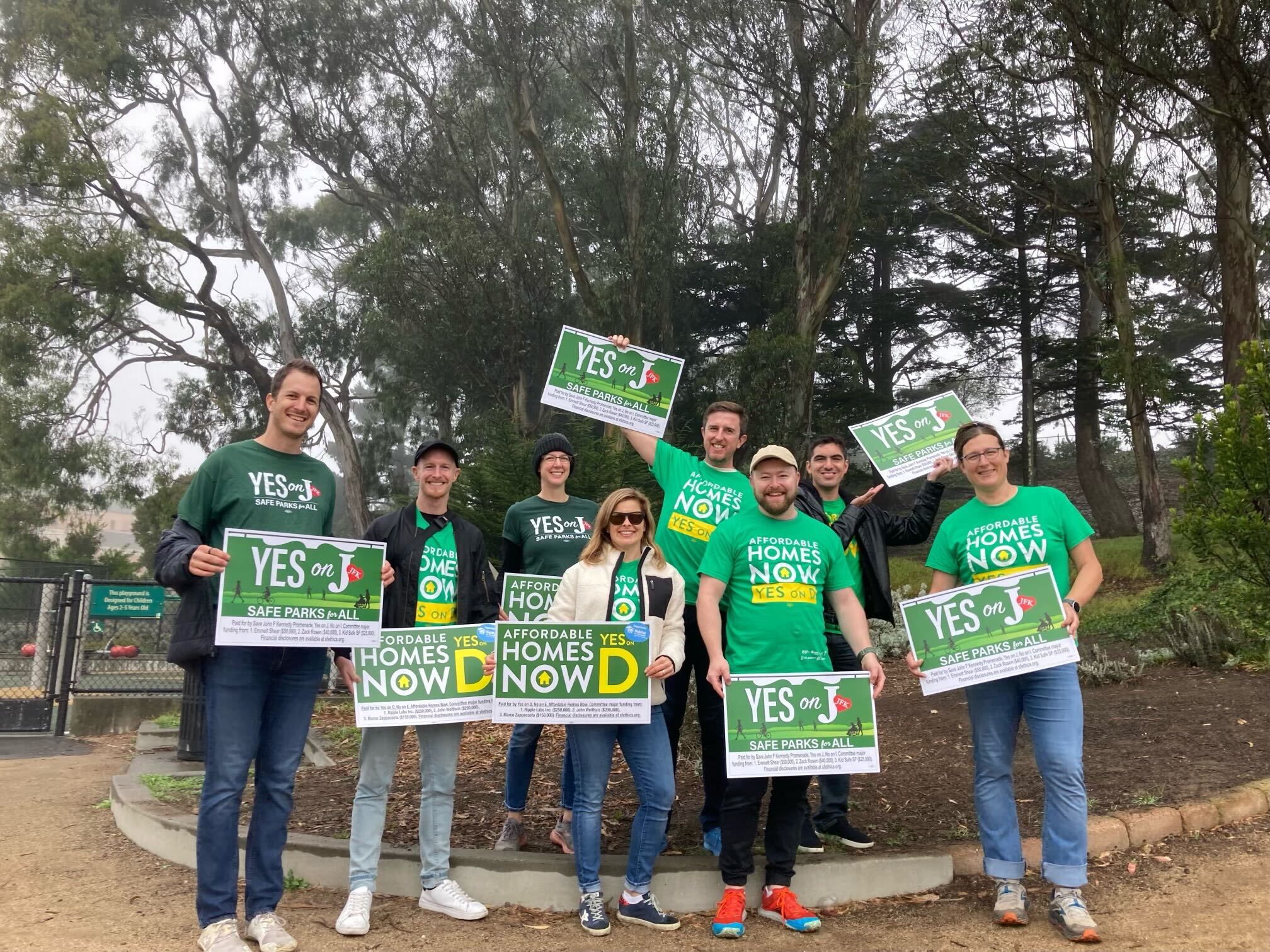 Volunteers for Proposition D for housing and Proposition J for JFK Drive in Parkside neighborhood of San Francisco