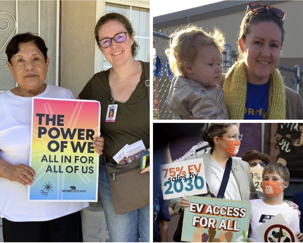 Left: My first time canvassing in 2019 for the Tax Equity Campaign in Kern County.   Top Right: Me and Dylan Pesante demonstrating after anti-lgbtqia+ incident at Voorhies Elementary in Bakersfield, CA.   Bottom Right: Me and Darius Pesante at CARB hearing June 9, 2022.