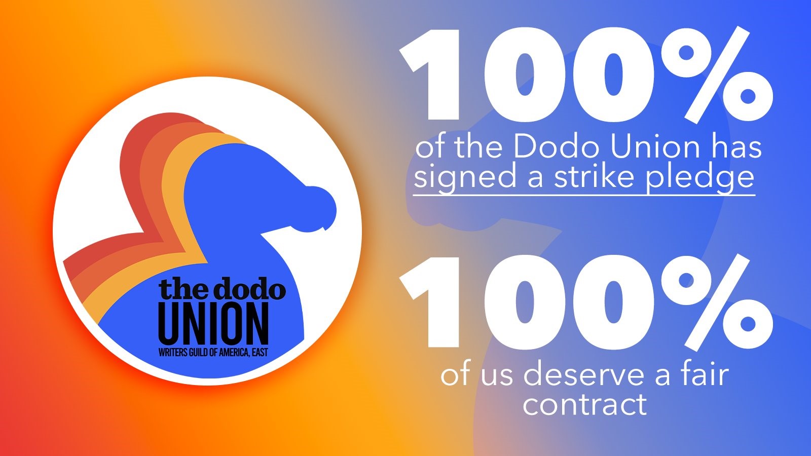 100% of the Dodo Union has signed a strike pledge. 100% of us deserve a fair contract.