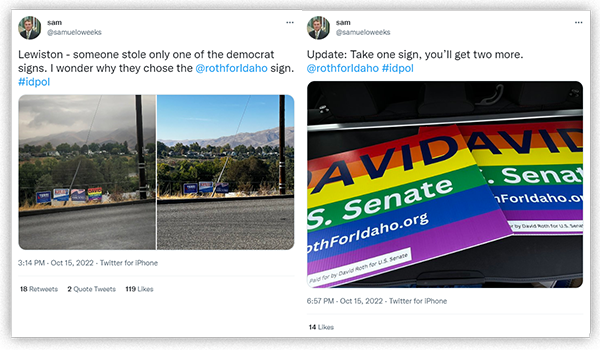 A composite of screenshots of two tweets from a David Roth supporter. The first tweet shows two photos side-by-side, one with David’s sign and one without, noting that David’s sign is the only sign stolen among Democratic candidates and implying the reason it was stolen is because David is the only openly gay candidate on the ballot. The second tweet indicates the supporter is replacing the stolen sign with two just like it.