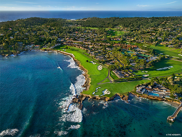 An aerial view of a luxury golf resort on the coast in Pebble Beach, California.