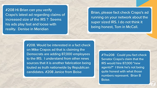 A screenshot from a YouTube video posted by KTVB, Channel 7 News, entitled “Fact-checking Mike Crapo political ad.” Included are messages from various viewers asking the anchor to fact check the claims made in a recent political ad by Mike Crapo.