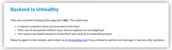 A screenshot of an error message from ActBlue describing log-in problems.