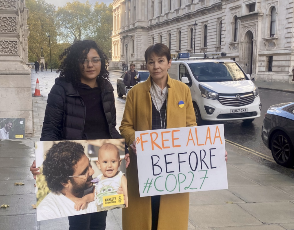 Standing with Alaa's sister Sanaa outside the Foreign Office
