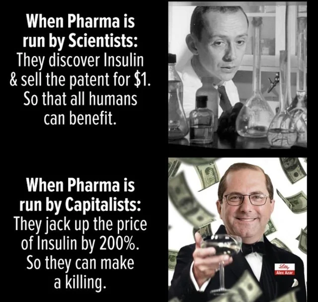 Meme about hot capitalists drive up the price of Insulin.