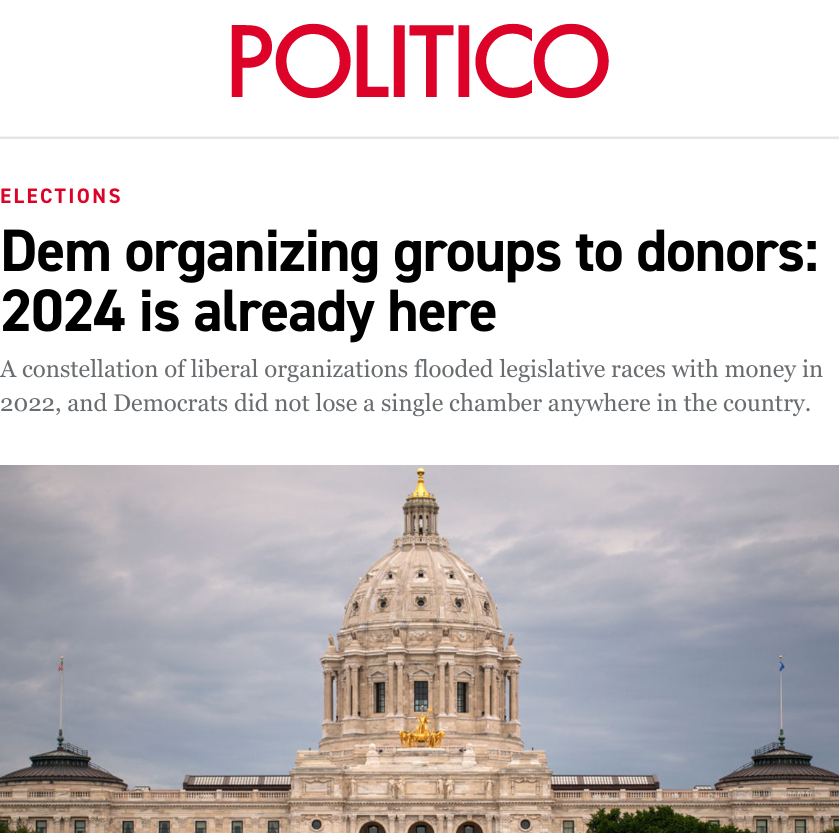 Screenshot of Politico article: Dem organizing groups to donors: 2024 is already here