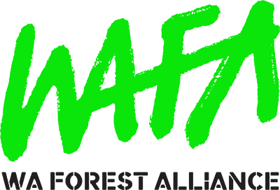 WAFA logo with WAFA in fluro green and WA Forest Alliance in black letters