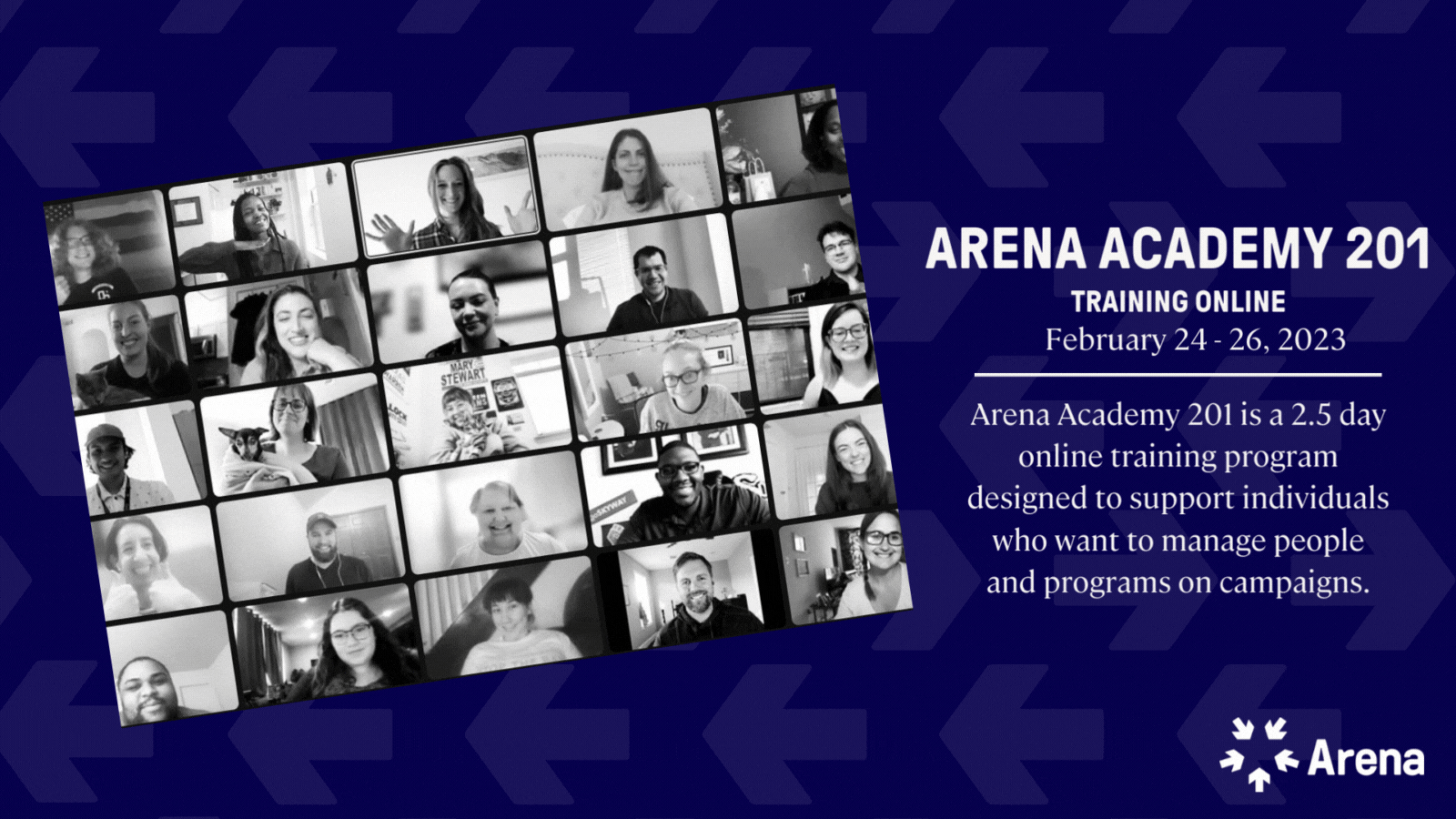 Arena Academy 201 will take place online from February 24th to February 26th, 2023. Image: black & white image of people dancing in a panel of Zoom video chat windows.
