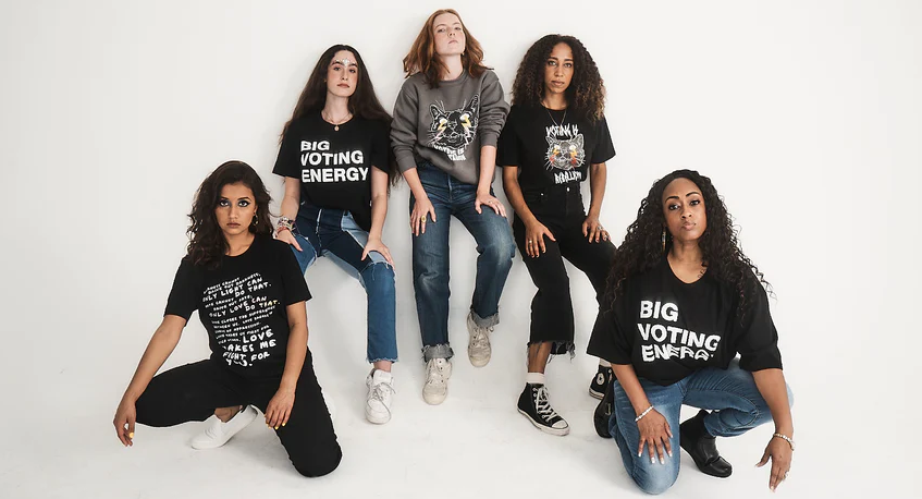 Youth activists wear t-shirts and sweatshirts from our Voting is Rebellion merchandise line