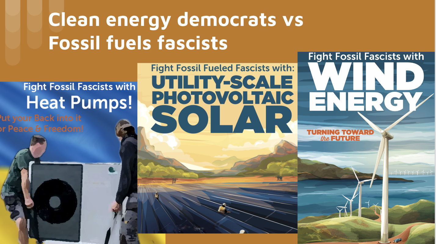 A screenshot showing WPA style posters for clean energy to fight fossil fueled fascism