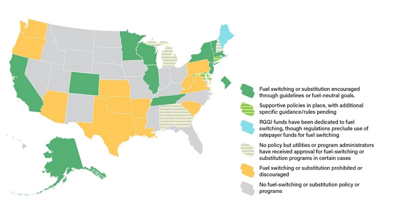 A map showing state-level policies supporting or opposing switching from fossil fuels to clean energy