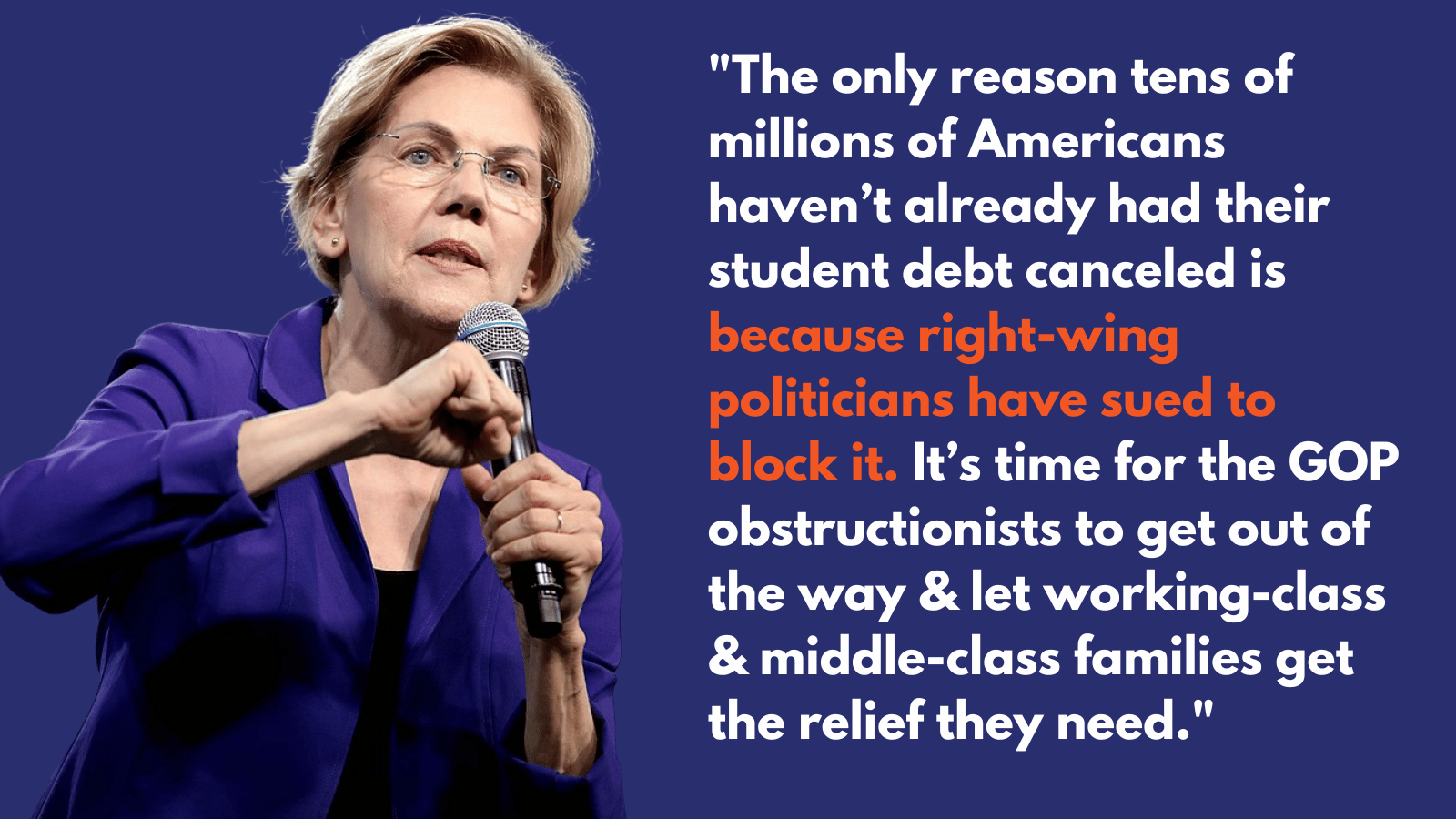 Elizabeth Warren: The only reason tens of millions of Americans haven’t already had their student debt canceled is because right-wing politicians have sued to block it. It’s time for the GOP obstructionists to get out of the way & let working-class & middle-class families get the relief they need.
