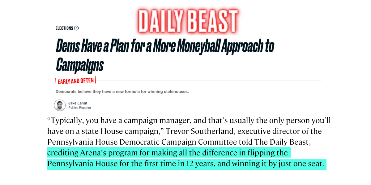 Image of the Daily Beast logo with a headline that says Dems Have a Plan for a More Moneyball Approach to Campaigns followed by a quote that says “Typically, you have a campaign manager, and that’s usually the only person you’ll have on a state House campaign,” Trevor Southerland, executive director of the Pennsylvania House Democratic Campaign Committee told The Daily Beast, crediting Arena’s program for making all the difference in flipping the Pennsylvania House for the first time in 12 years, and winning it by just one seat.