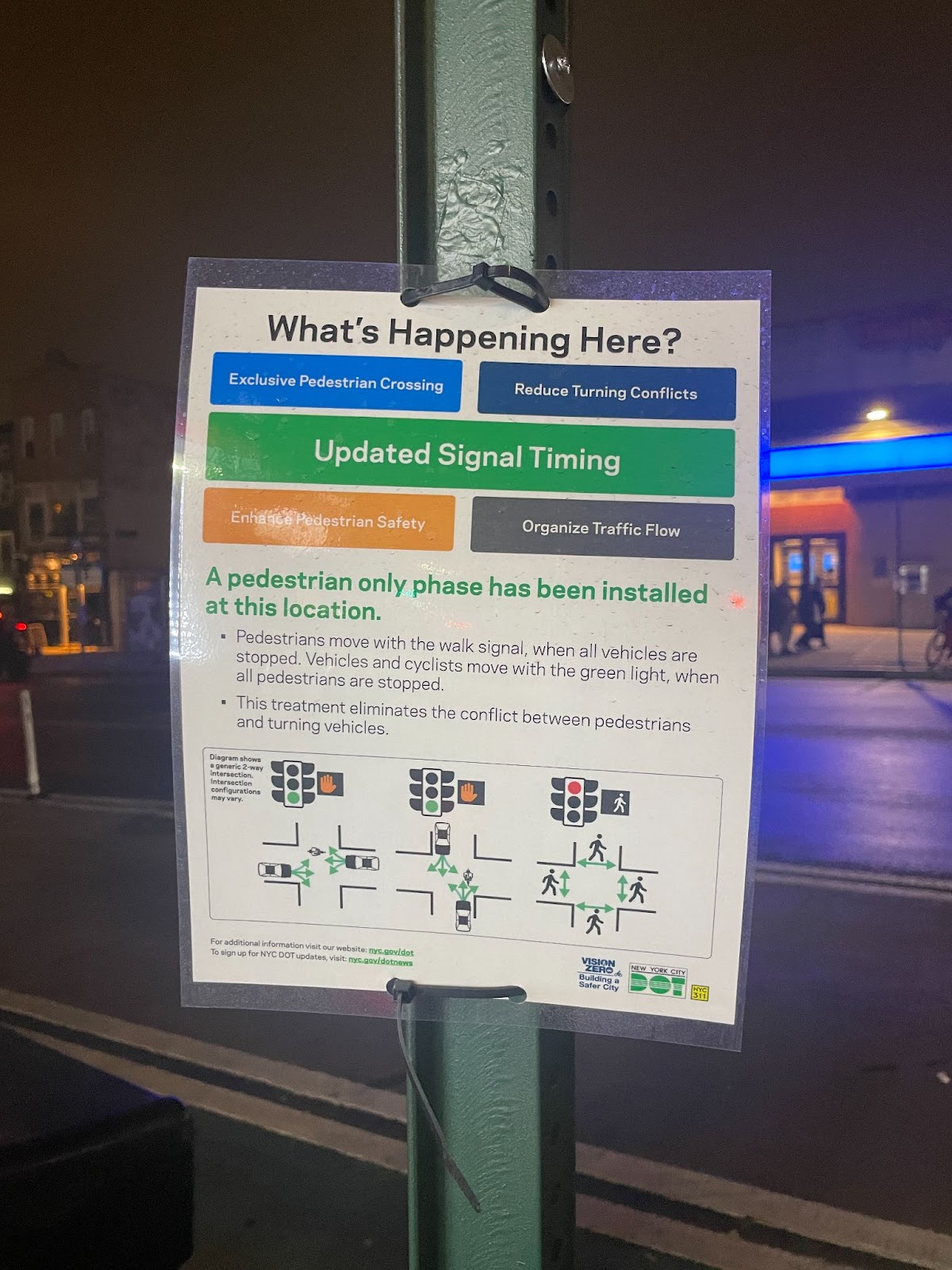 A picture of a DOT sign explaining new changes to the pedestrian interval changes on 9th street.