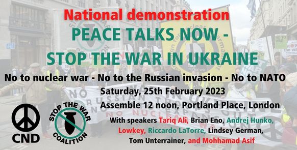 Image of protest march with CND and Stop the War Coalition logos. Text reads: 