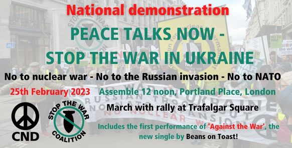 Image of protest march with CND and Stop the War Coalition logos. Text reads: 