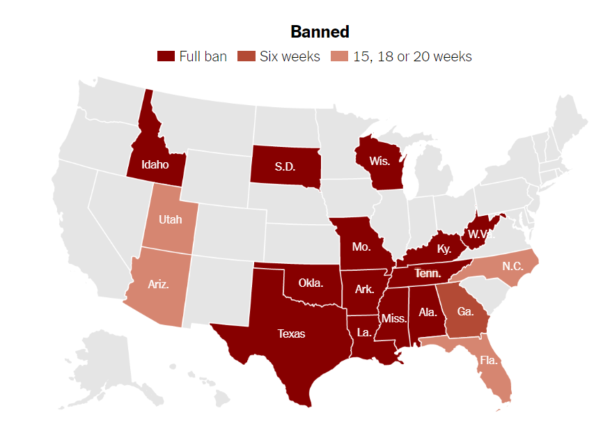 Map of states where abortion in banned