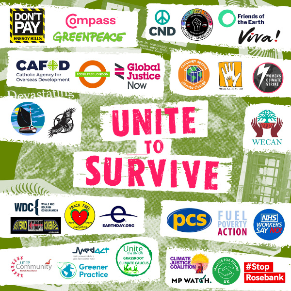 Many logos of supporting organisations with words Unite to Survive