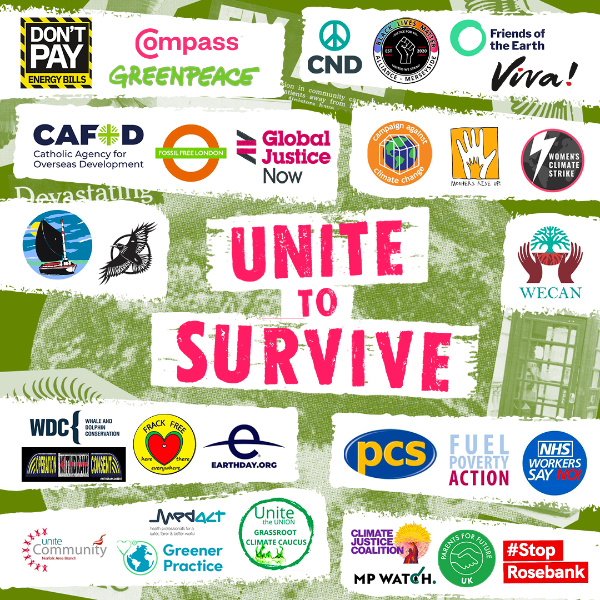 many logos of supporting organisations surround the words Unite to Survive