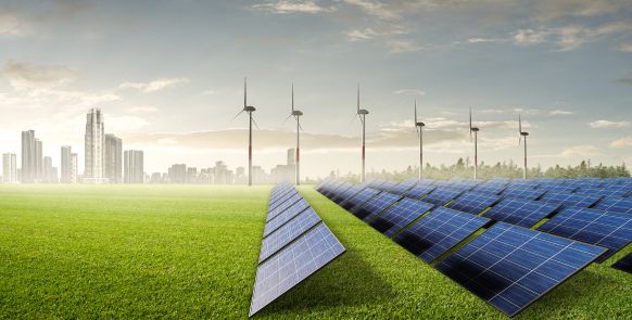 graphic of wind turbine and solar panels in a field with a city skyline in the background