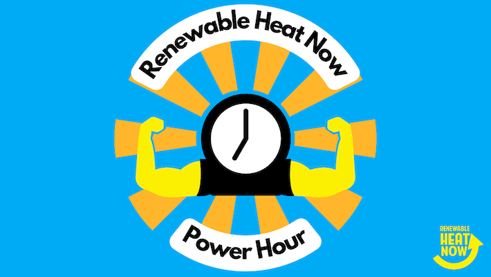 renewable heat now power hour, alarm clock flexing arms with biceps as sun rays radiate outward