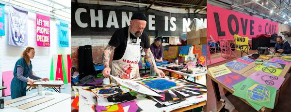 Three photos of people preparing banners and artwork