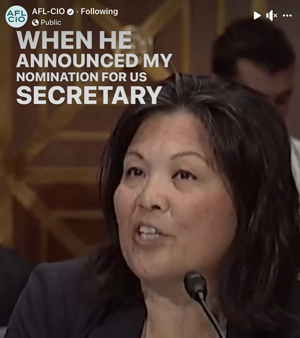 A screenshot of a Facebook video of Julie Su testifying with a text overlay saying, “When he announced my nomination for U.S. Secretary.” #StandWithSu