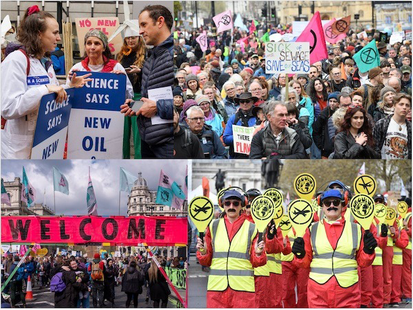 Four photos showing people in Westminster with banners