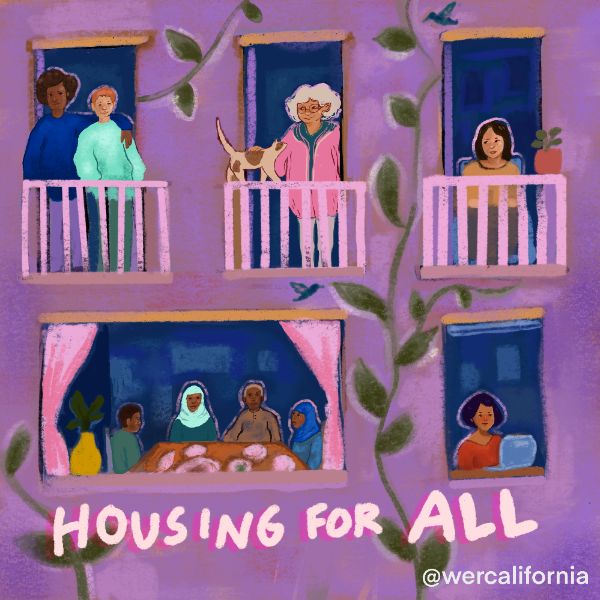 Illustration of multiracial neighbors inside their dwellings in a purple building with green vines trailing up the walls and words that read Housing for All across the bottom of the image.