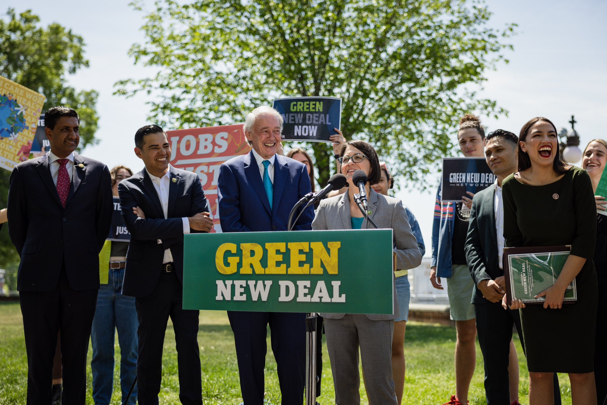 Ed Markey, AOC, and other Democrats celebrate the reintroduction of the Green New Deal