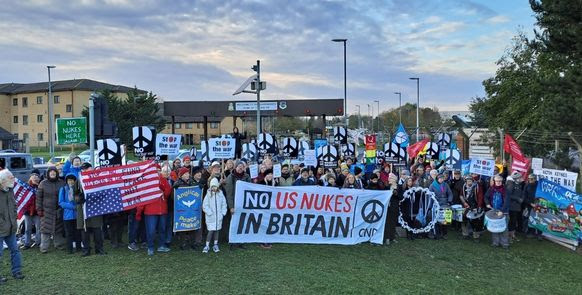 protesters outside Lakenheath airbase Banner reads 