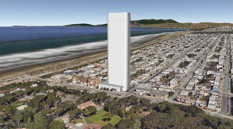 architect's rendering of the 60-story proposed mixed-use housing and commercial project at 2700 Sloat Boulevard