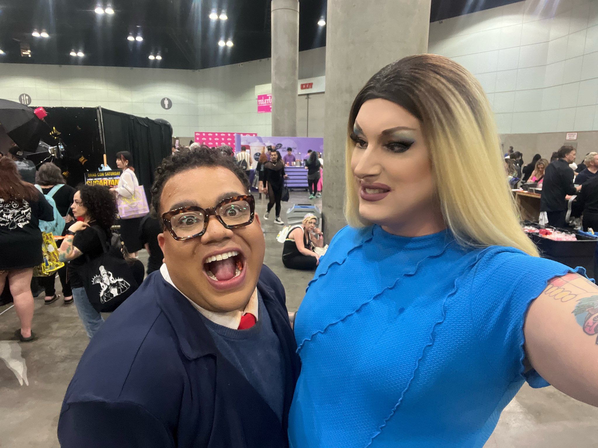 Maebe with drag artist Meatball, portraying Congressman George Santos, at DragCon in Los Angeles