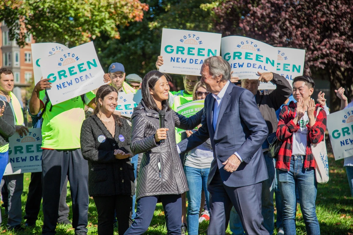 Michelle Wu and Ed Markey celebrate the Boston Green New Deal