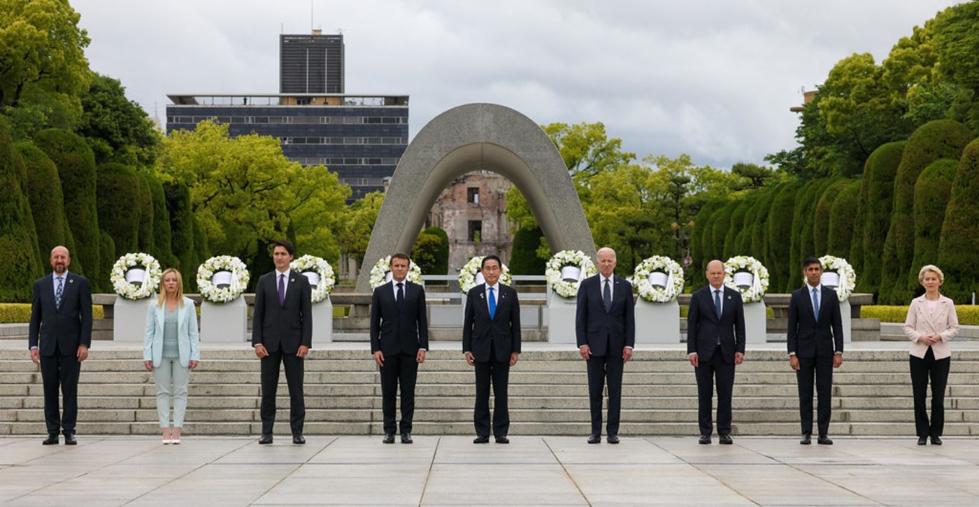 G7 leaders stand for family photo in the Hiroshima Peace Park 