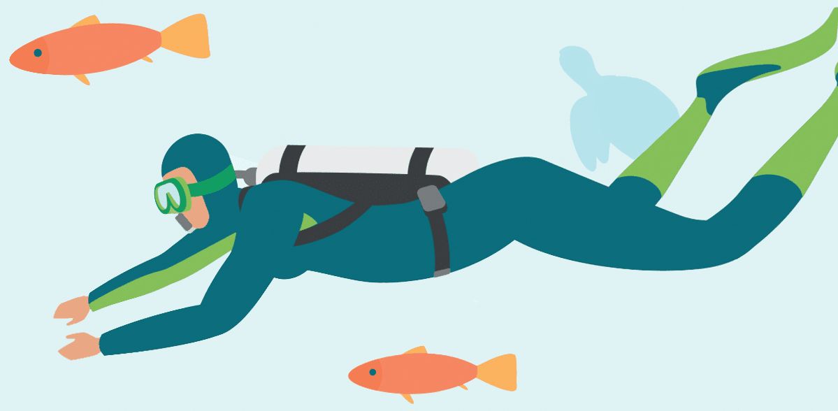 Graphic of Plastic Free diver among the fish and turtles