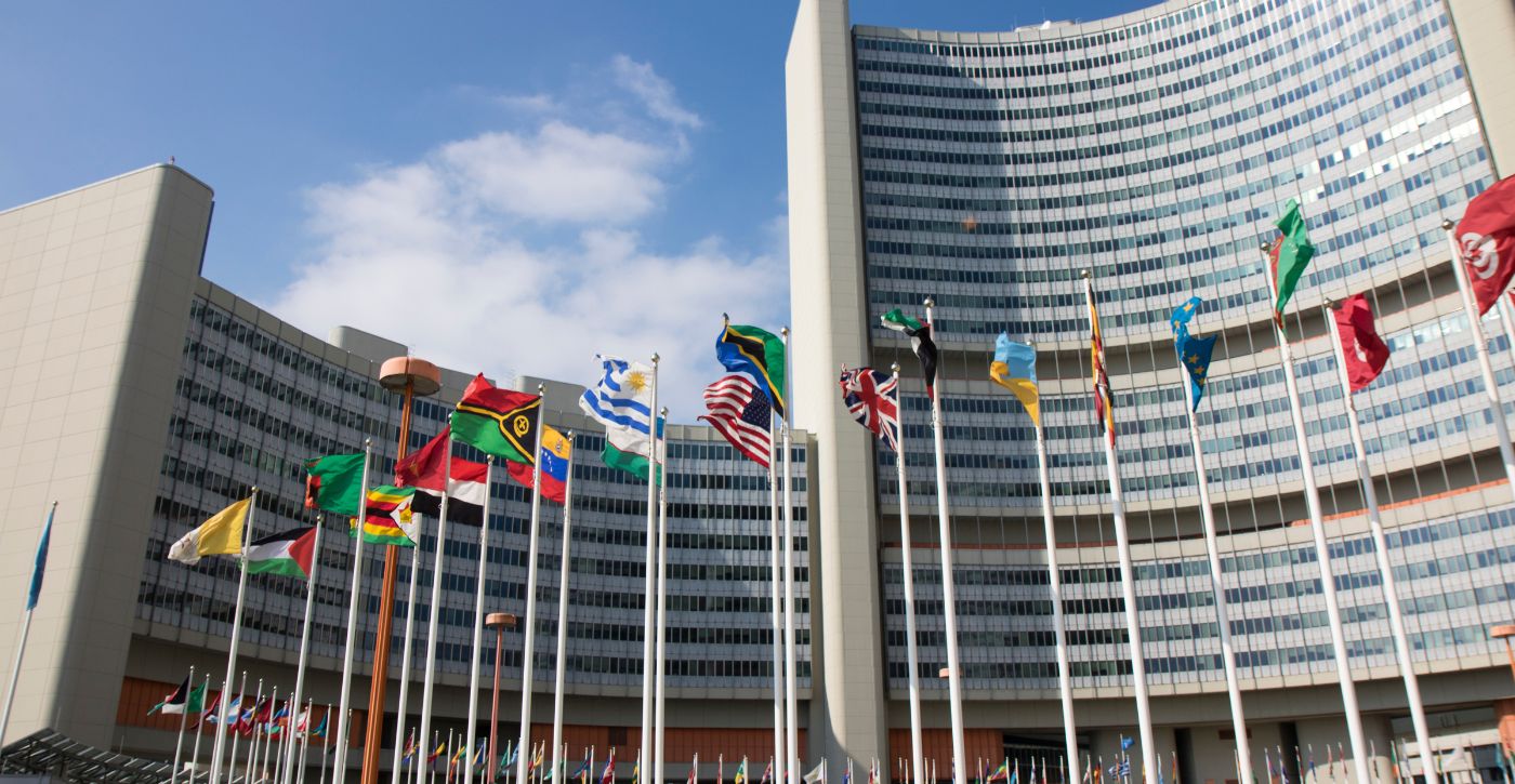 Flags flutter outside the UN building in Vienna. Credit UK Foreign & Commonwealth Office