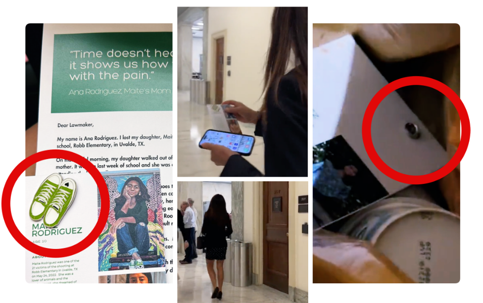  A compilation of photos showing a close-up of the pin gifted to Rep. Lauren Boebert, in the shape of green Converse sneakers. In the center Boebert is seen carrying and reading the card, then walking towards a trash can. On the right the photo is seen in the garbage.