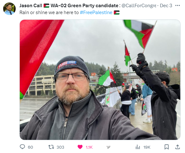 A screenshot of a tweet by Jason Call sent December 3, 2023, in which he posts a photo taken from an interstate bridge overpass in his district where a number of protesters have gathered to support a ceasefire. The tweet reads: “Rain or shine, we are here to free Palestine.”