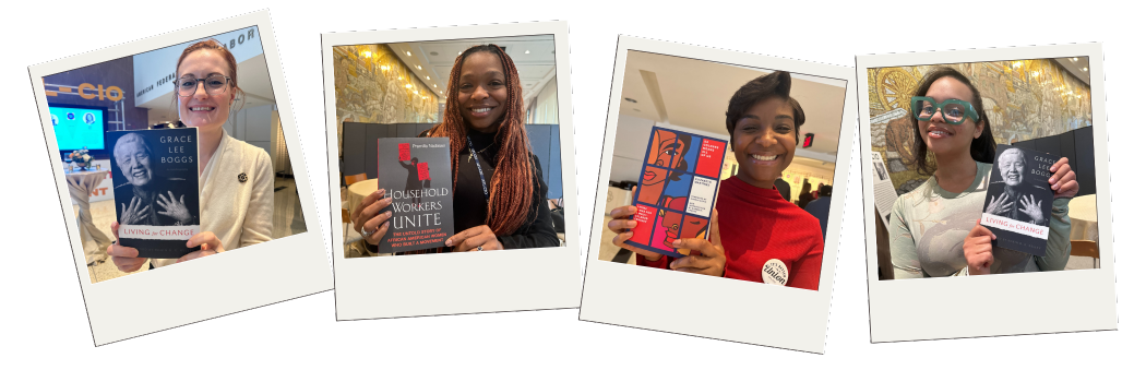 Four pictures of women union members holding their favorite Women’s History Month books.