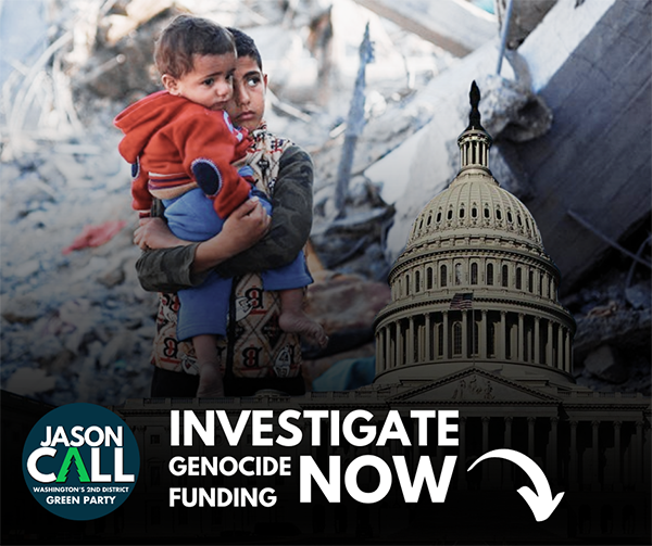 A graphic featuring a scene of devastation in Gaza with a young man holding his baby brother in his arms, with an image of the U.S. Capitol building in the foreground. The caption reads: Investigate Genocide Funding NOW. There is a logo for Call for Congress in the lower left corner.