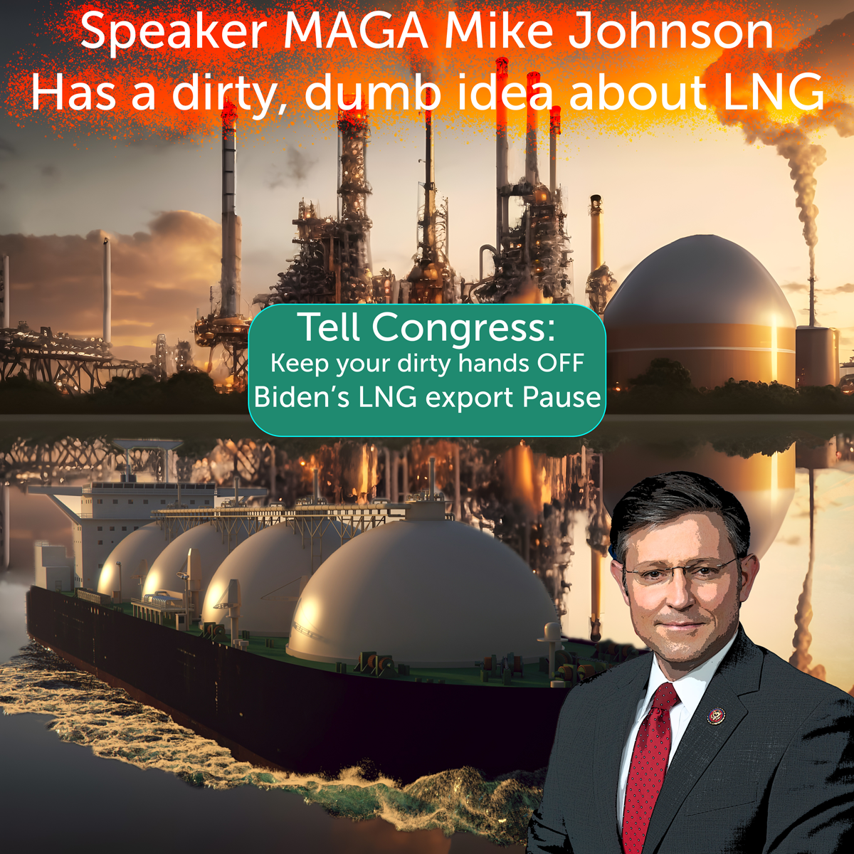 Speaker MAGA Mike Johnson has a dirty, dumb idea about LNG. Tell Congress to keep their dirty hands off Biden's LNG export pause