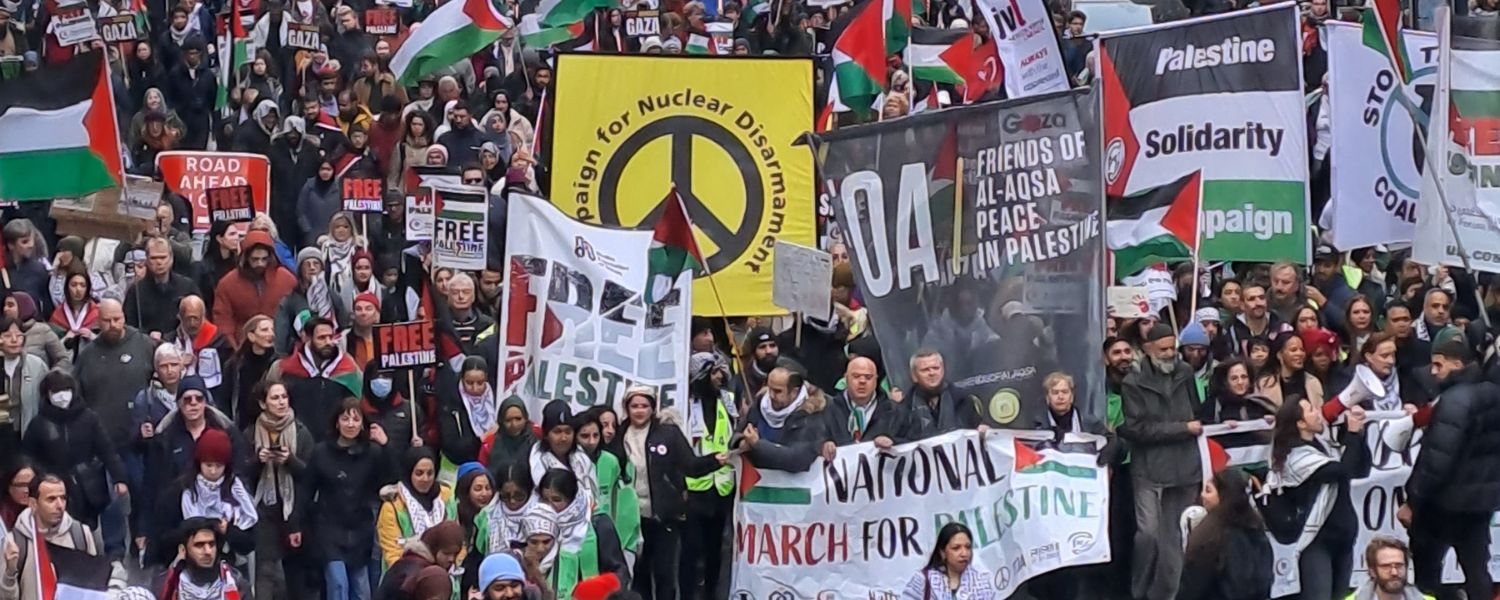 CND banner among crowd at Palestine demonstration 