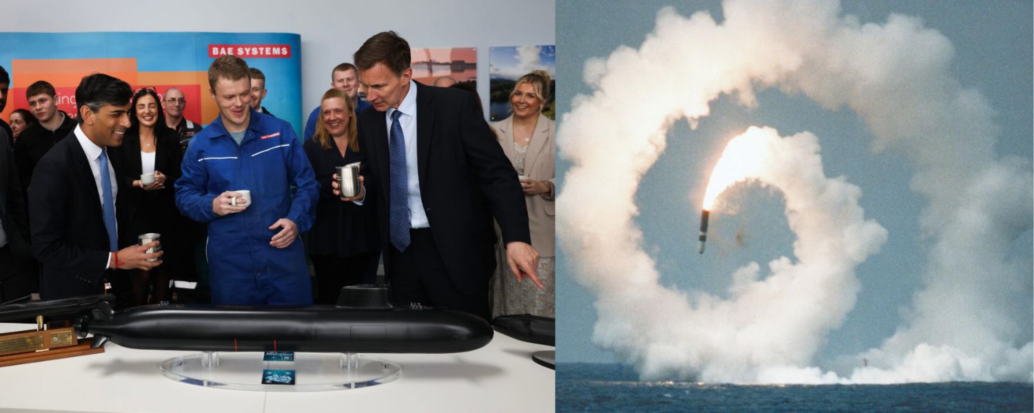Two images side by side One shows Rishi Sunak and Jeremy Hunt looking at a model submarine with BAE Systems employees The second shows a dummy Trident II missile spinning out of control