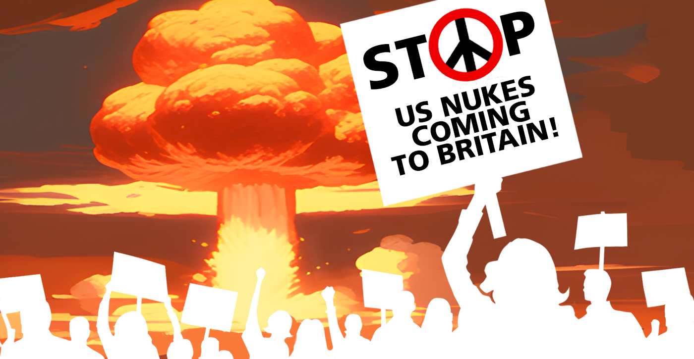 Graphic with mushroom cloud in the background and outline of protesters with placards in the foreground One placard reads 