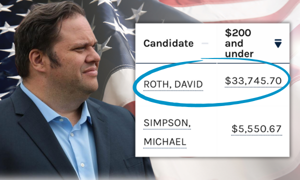 A screenshot from the Federal Elections Commission website showing that David Roth has raised $33,745 in donations under $200, compared to Michael Simpson’s $5,550. The screenshot is overlaid on a photo of David standing in front of the American flag. 