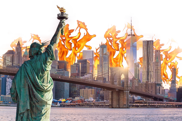 A photoshopped image shows the statue of liberty and New York City lit by wildfire flames