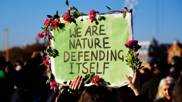 A person at a protest holding up a sign covered in beautiful flowers saying 