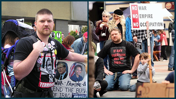 A compilation of 2 photos of Jason protesting war in the early 2000s. On the left he is seen at an Iraq war protest with a sign decrying Donald Rumsfeld and Condaleeza Rice. His daughter rides in a backpack on his back. On the right, he is kneeling at an anti-war protest with his son holding up a sign that reads: “No War. No Empire. No Occupation.”